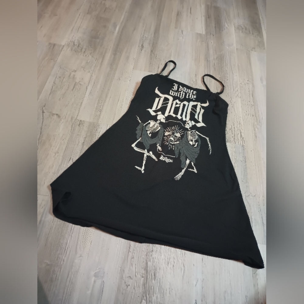 Black Graphic Slip Dress with 'I Dance With The Dead' Print